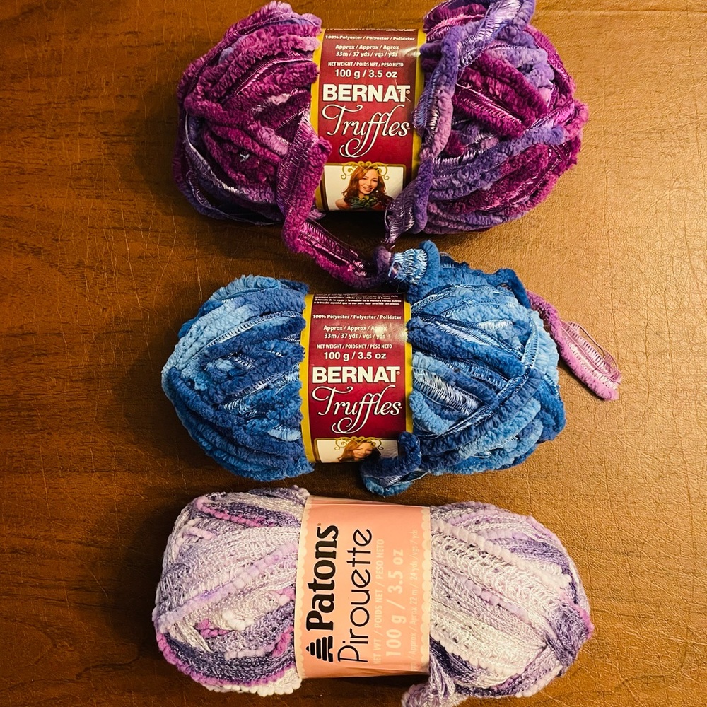 Bernat Truffles Yarn and Patons Pirouette Yarn